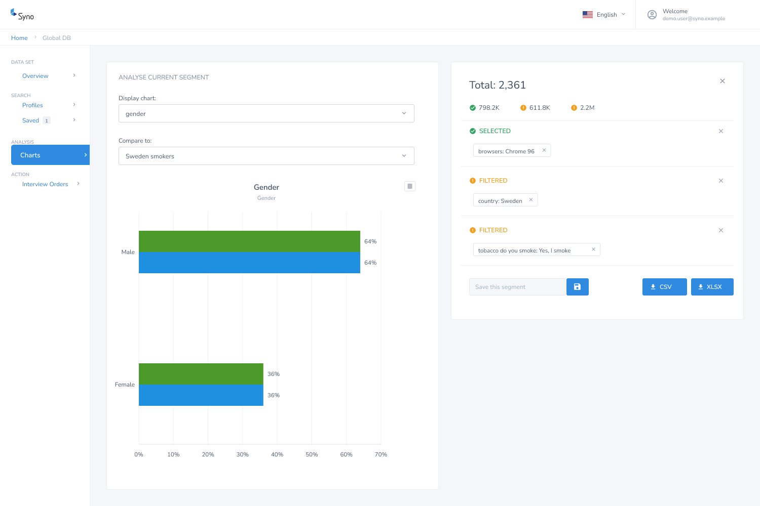 Syno Library — analyse current segment with filters and CSV or XLSX export