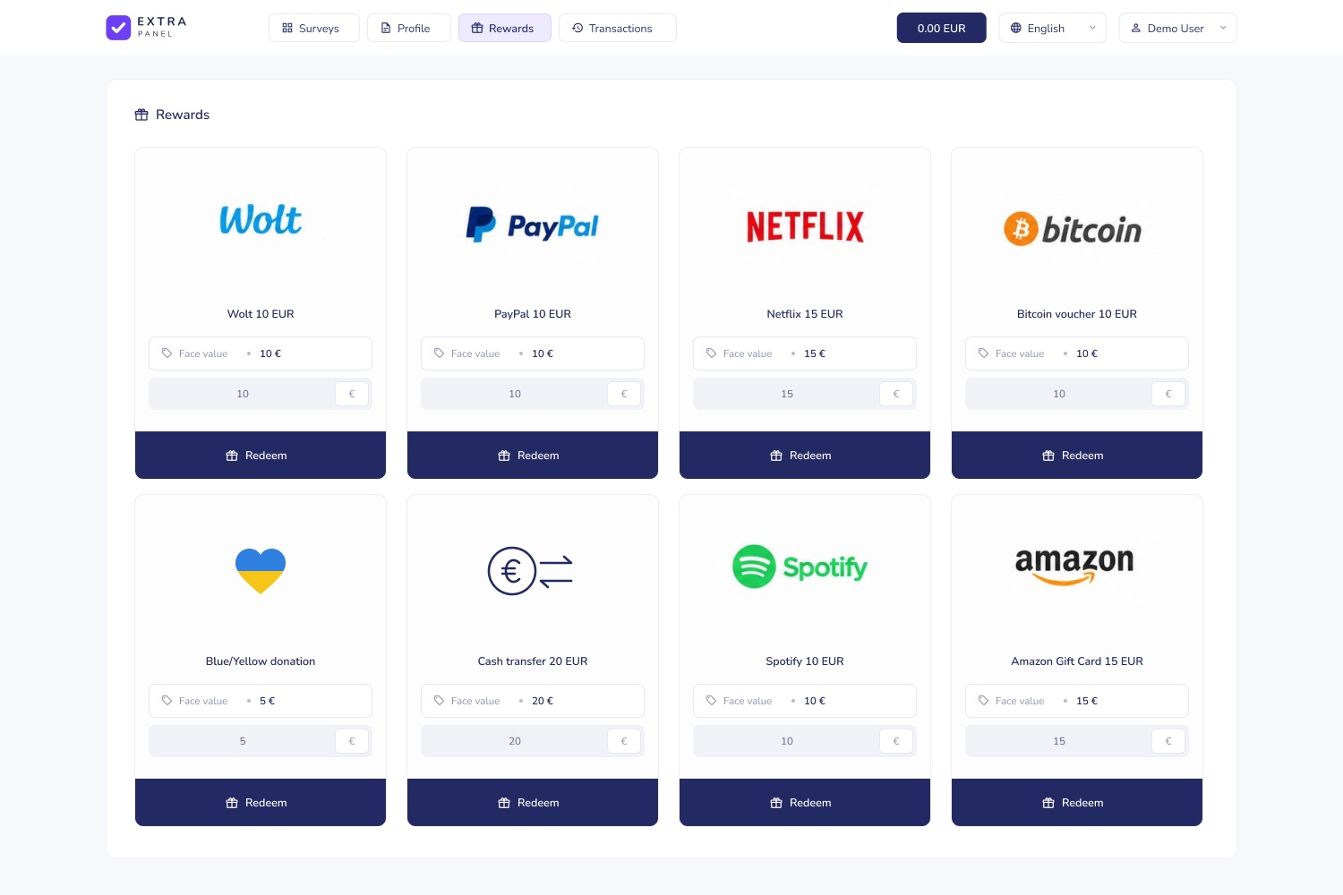 Rewards catalogue in the panel app